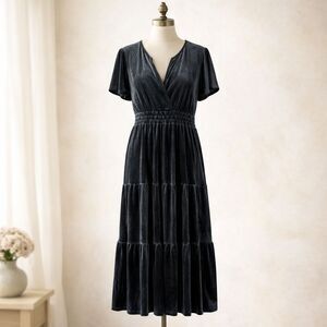 August Sky Velvet Midi Dress Size Medium Tiered Short Sleeve Blue Fairycore